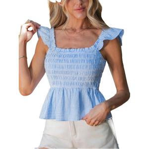 CUPSHE Womens Tank Tops Summer Ruffle Flying Sleeve Smocked Blouses Square Neck Sleeveless Babydoll Shirt(Blue)
