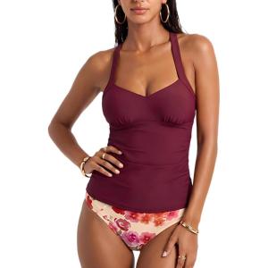 CUPSHE Women’s Tankini Set V Neck Bathing Suit Crossback Self Tie Mid Rise Ruching Swimsuit(Cherry Red/Floral)