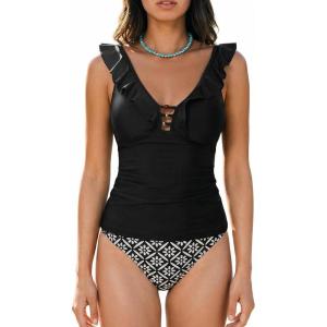 CUPSHE Women’s Tankini Sets Deep V Neck Two Piece Cutout Ruffle Adjustable Straps Back Hook Bathing Suits(Black/Floral)
