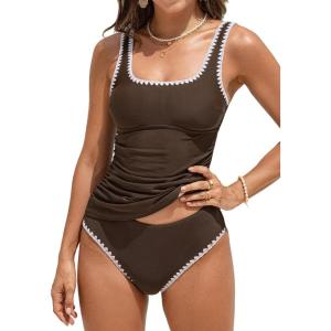 CUPSHE Women’s Tankini Sets Two Piece Swimsuit Square Neck Stitching Bathing Suit Ruching Adjustable Wide Straps(Brown)