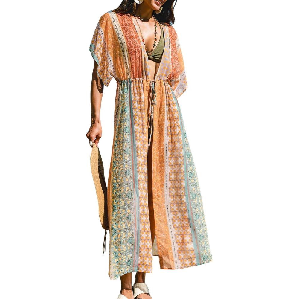 imageCUPSHE Kimono Swimsuit Coverup for Women Open Front Striped Maxi Cardigan Beach Cover UpOrangegreen Patterned