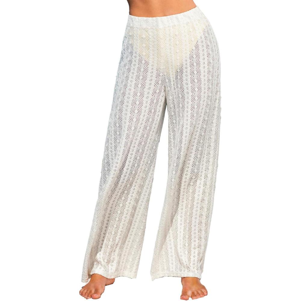 imageCUPSHE Women Swimsuit Cover Ups Pants Lace Semi Sheer High Waist Wide Leg Beach Coverup PantsWhite