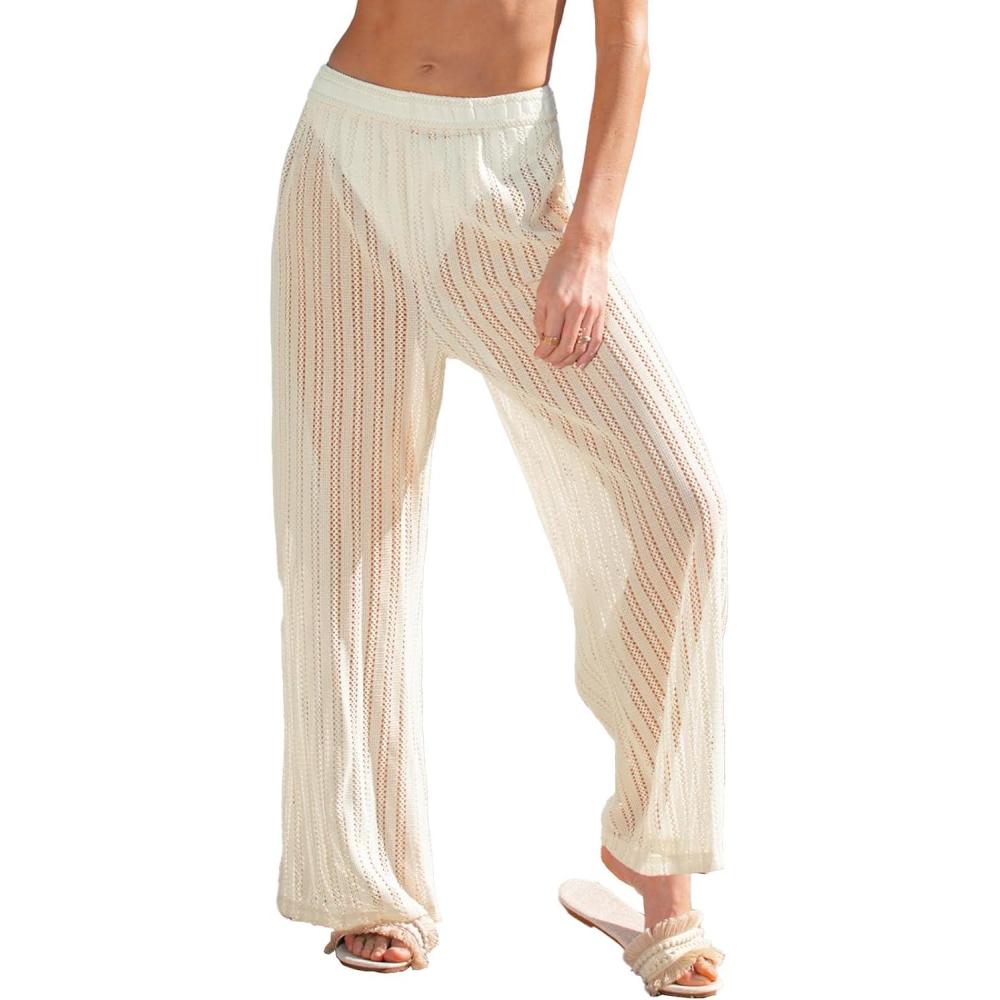 imageCUPSHE Women Swimsuit Coverup Pants Wide Leg Beach Pants Sheer Mesh Beach Vacation OutfitsBeige