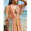 CUPSHE Kimono Swimsuit Coverup for Women Open Front Striped Maxi Cardigan Beach Cover Up(Orange-green Patterned)