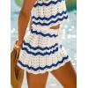 CUPSHE Women Crochet Coverup Skirt Drawstring Knit Striped Mini Skirt Coverup for Swimwear(Blue Striped)