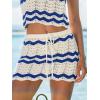 CUPSHE Women Crochet Coverup Skirt Drawstring Knit Striped Mini Skirt Coverup for Swimwear(Blue Striped)