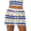CUPSHE Women Crochet Coverup Skirt Drawstring Knit Striped Mini Skirt Coverup for Swimwear(Blue Striped)