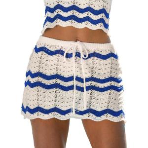 CUPSHE Women Crochet Coverup Skirt Drawstring Knit Striped Mini Skirt Coverup for Swimwear(Blue Striped)