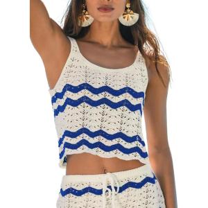 CUPSHE Women Crochet Swimsuit Cover Ups Cropped Sleeveless Striped Knit Beach Coverup Top(Blue Striped)