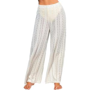 CUPSHE Women Swimsuit Cover Ups Pants Lace Semi Sheer High Waist Wide Leg Beach Coverup Pants(White)