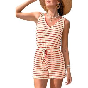 CUPSHE Women Swimsuit Cover Ups Sleeveless V Neck Waffle Knit Striped Beach Coverup Rompers(Red Striped)