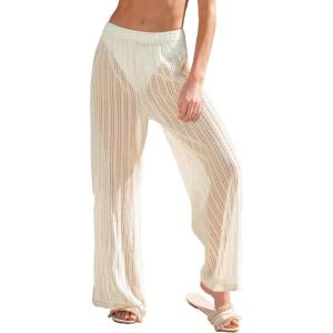 CUPSHE Women Swimsuit Coverup Pants Wide Leg Beach Pants Sheer Mesh Beach Vacation Outfits(Beige)