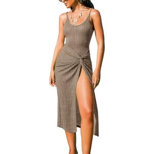 CUPSHE Womens Swimsuit Coverup Ribbed Backless Square Neck Midi Beach Cover Up Dresses(Khaki)