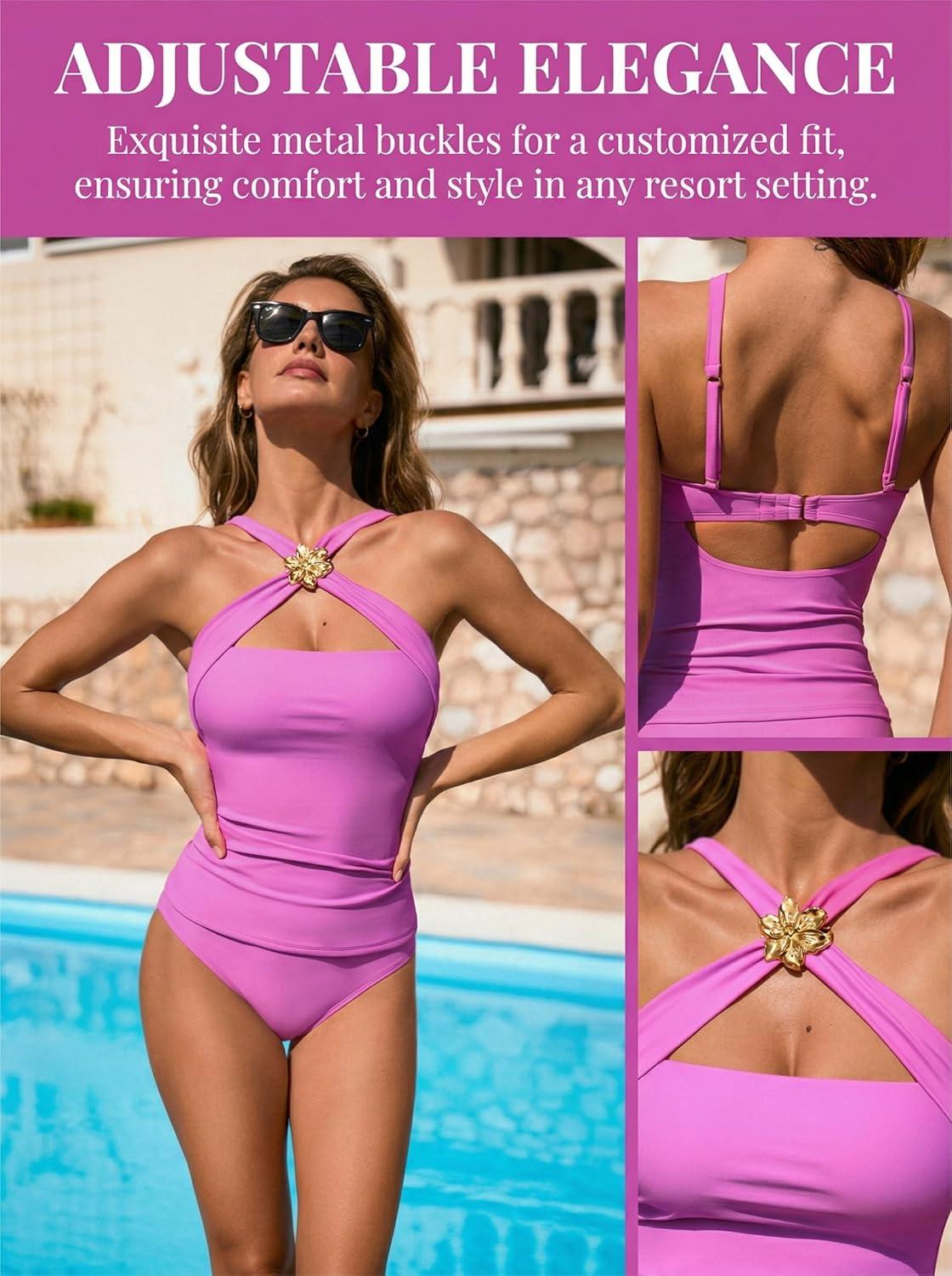 imageCUPSHE Women Tankini Set Two Piece Swimsuit Cross Neck Metal Decorations Mid Rise Back Hook Cut Out Bathing SuitsOrchid Purple
