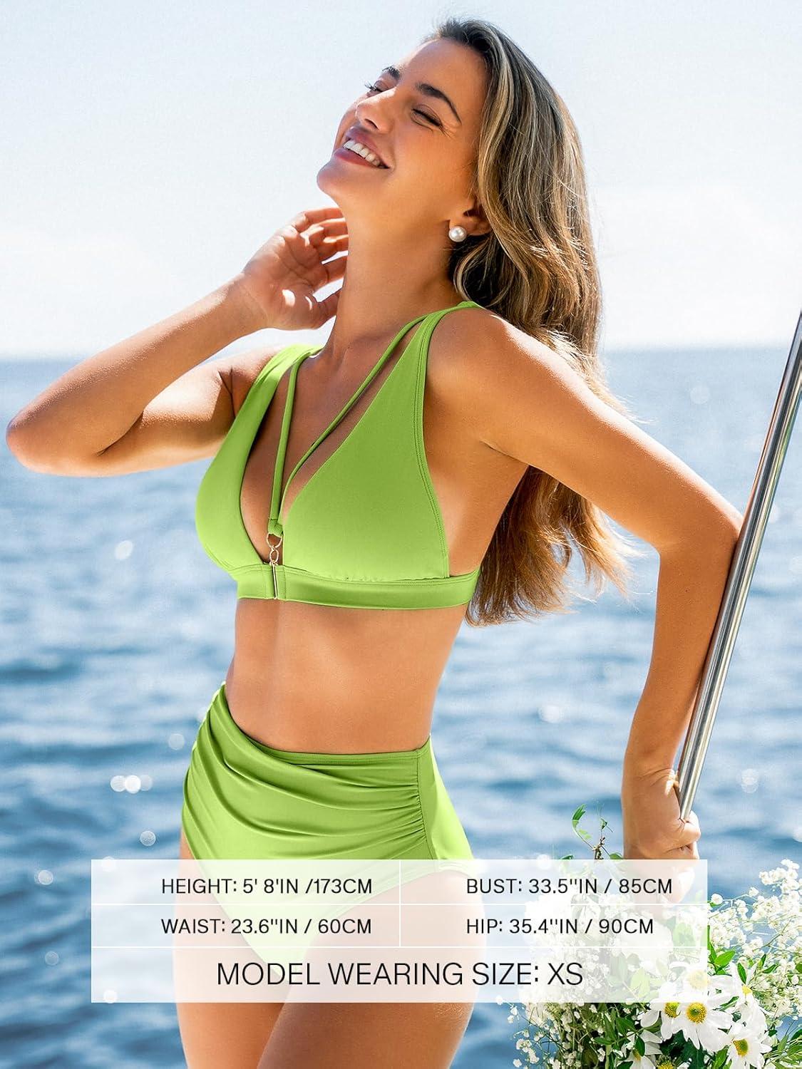 imageCUPSHE Womens Bikini Set High Waisted Two Piece Swimsuit V Neck Triangle Bathing Suit Back Hook Full Coverage SwimwearLime Green