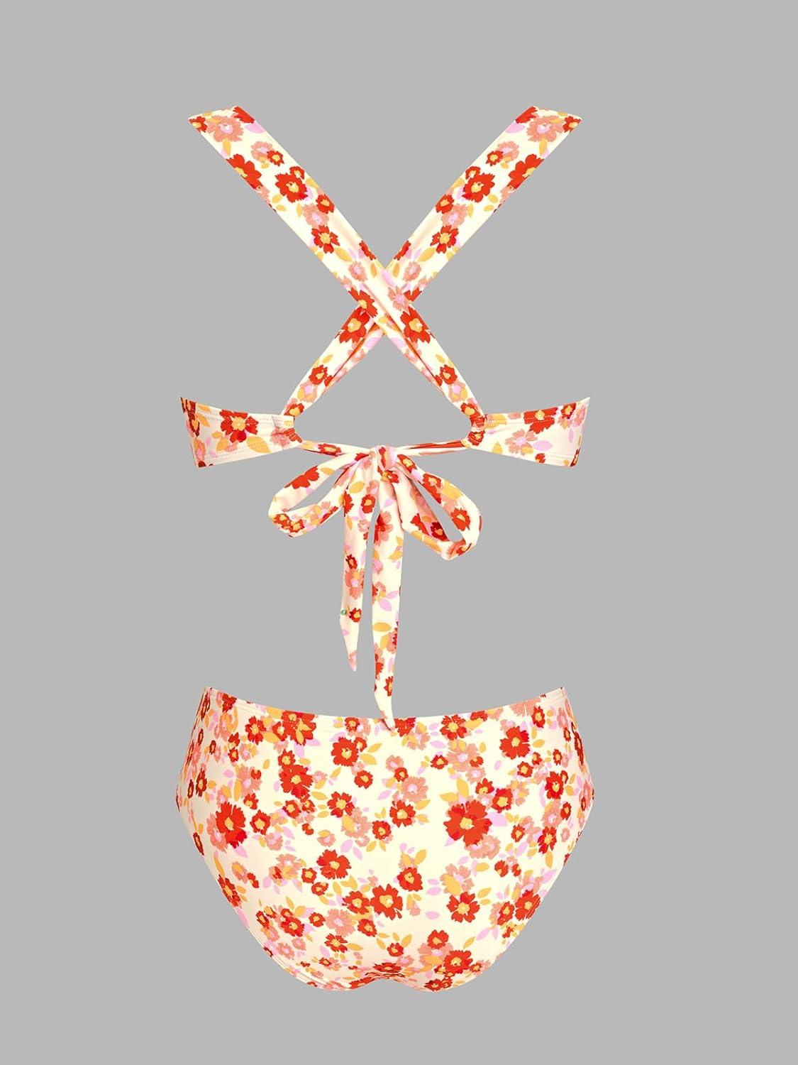 imageCUPSHE Womens Bikini Set Push Up Two Piece Swimsuit Crossback Self Tie Bathing Suit RuchedCreamOrange Floral