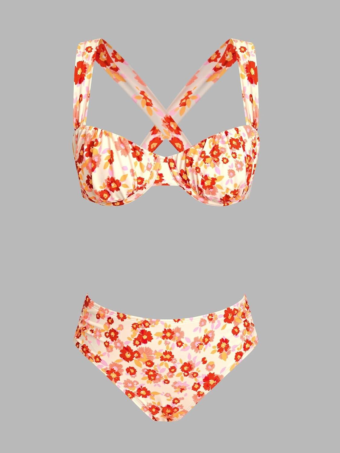imageCUPSHE Womens Bikini Set Push Up Two Piece Swimsuit Crossback Self Tie Bathing Suit RuchedCreamOrange Floral