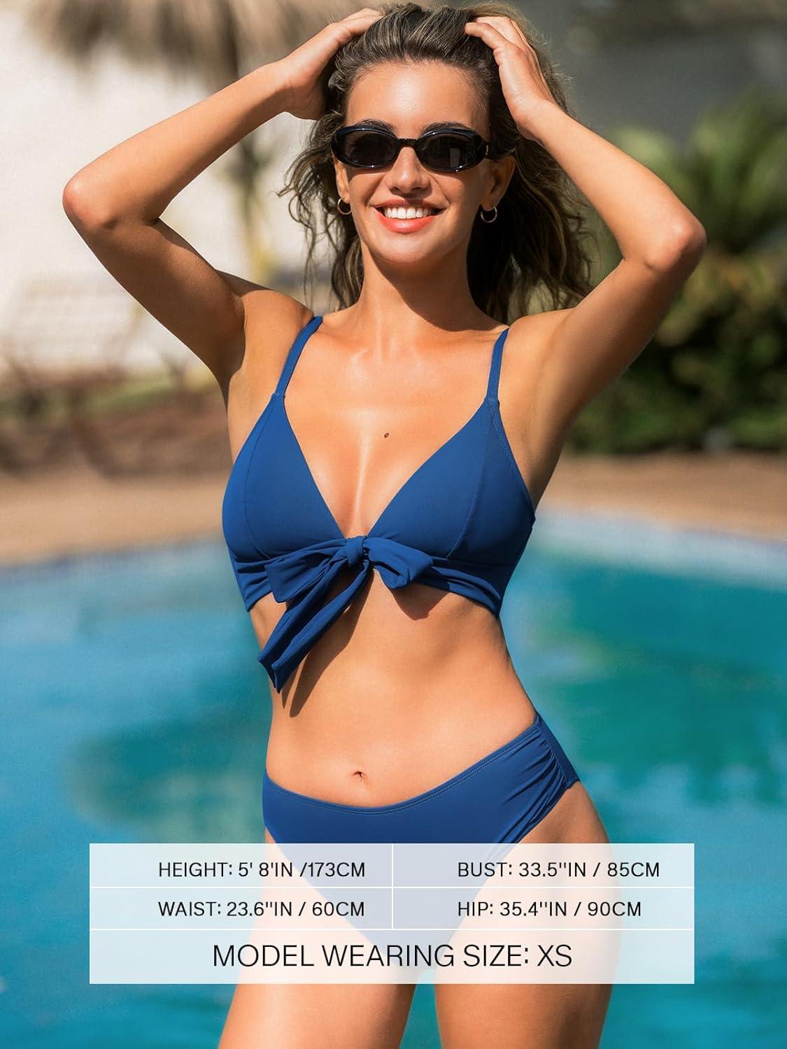imageCUPSHE Womens Bikini Set Two Piece Swimsuit V Neck Tie Knot Front Bathing Suit Ruched Adjustable Straps TexturedNavy Blue