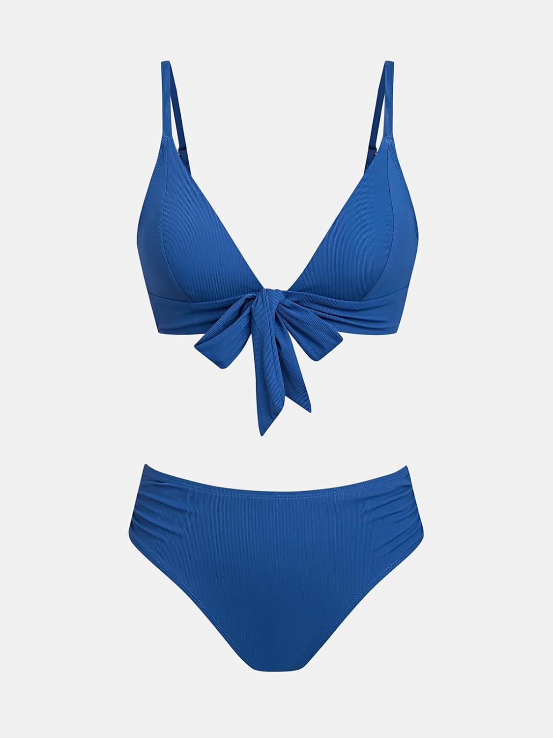 imageCUPSHE Womens Bikini Set Two Piece Swimsuit V Neck Tie Knot Front Bathing Suit Ruched Adjustable Straps TexturedNavy Blue