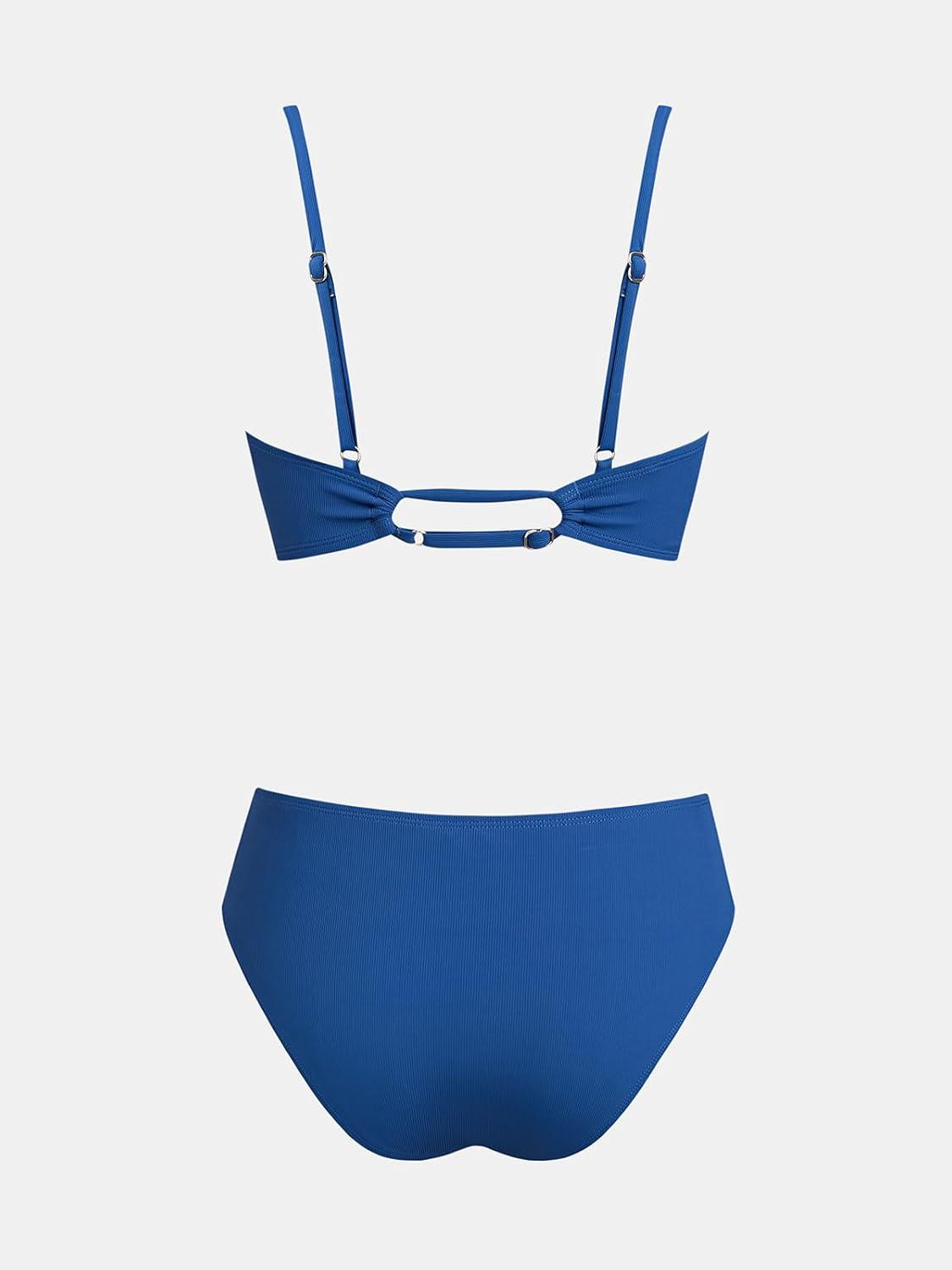 imageCUPSHE Womens Bikini Set Two Piece Swimsuit V Neck Tie Knot Front Bathing Suit Ruched Adjustable Straps TexturedNavy Blue