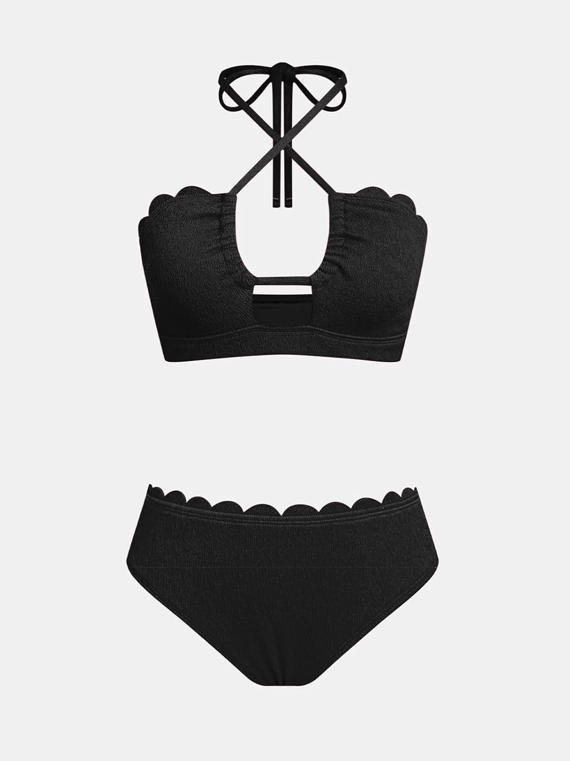 imageCUPSHE Womens Bikini Sets Adjustable Halter Strappy Swimsuit Crisscross Cutout Scalloped Mid RiseBlack