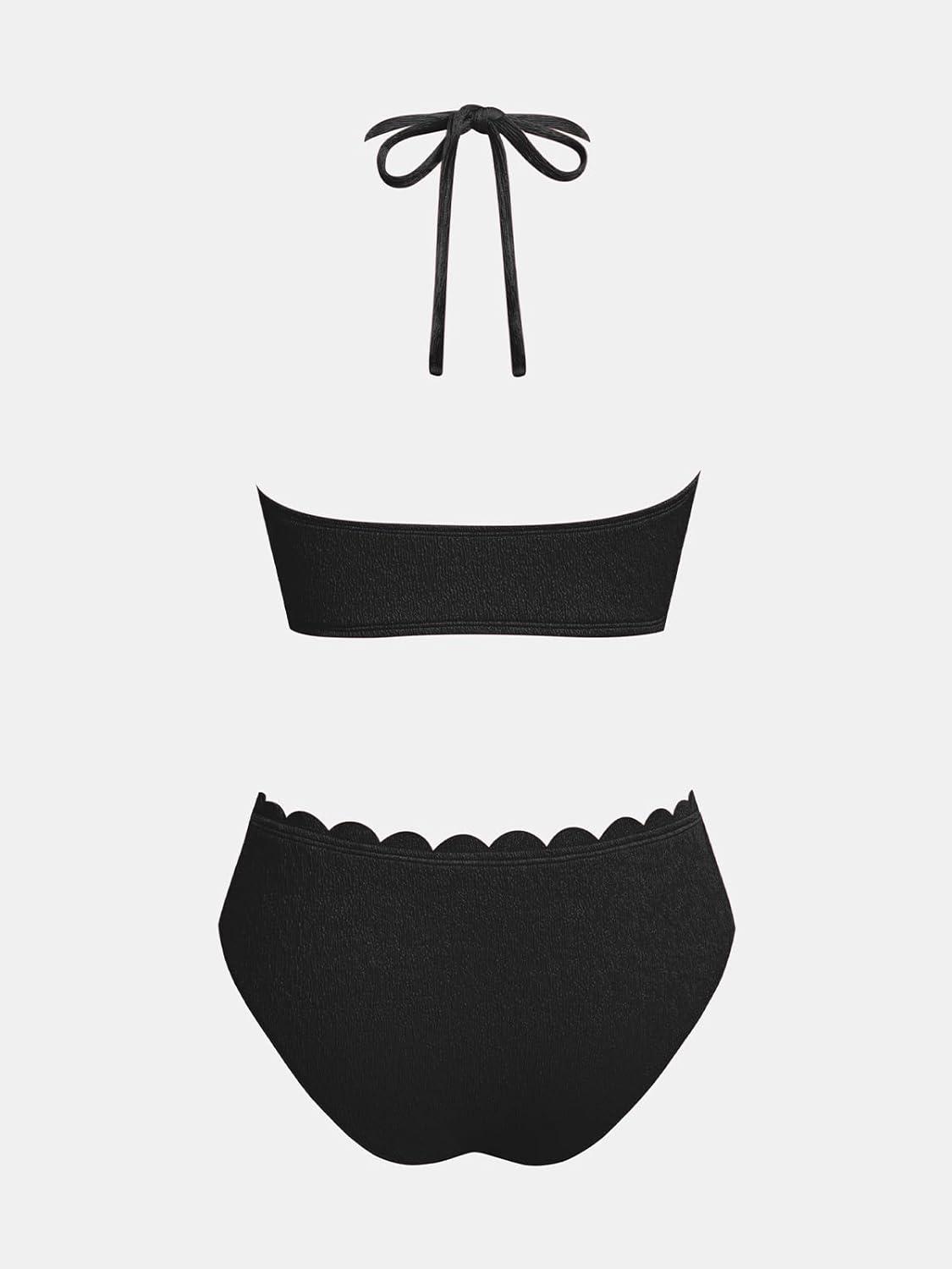 imageCUPSHE Womens Bikini Sets Adjustable Halter Strappy Swimsuit Crisscross Cutout Scalloped Mid RiseBlack