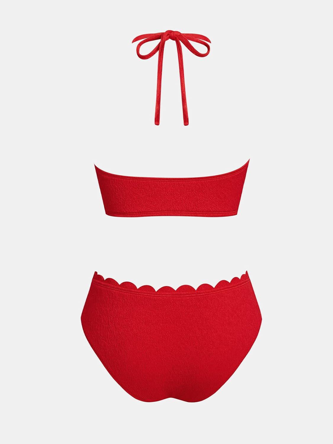 imageCUPSHE Womens Bikini Sets Adjustable Halter Strappy Swimsuit Crisscross Cutout Scalloped Mid RiseRed