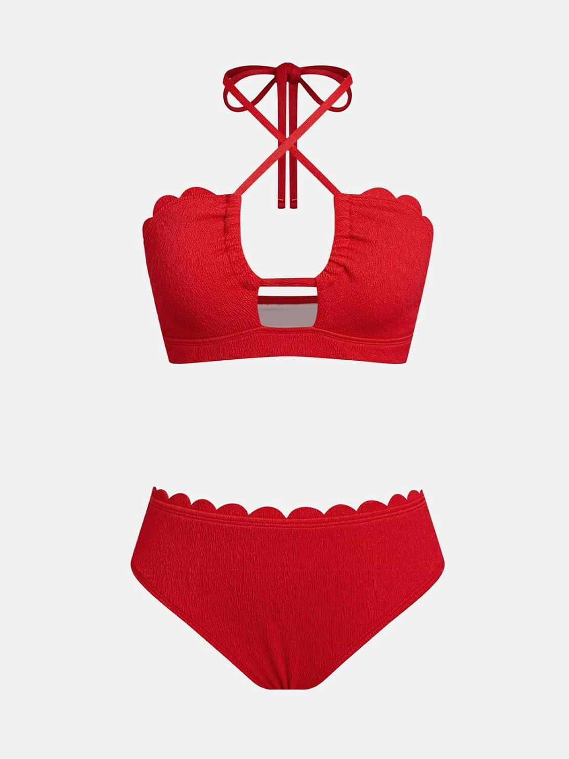 imageCUPSHE Womens Bikini Sets Adjustable Halter Strappy Swimsuit Crisscross Cutout Scalloped Mid RiseRed