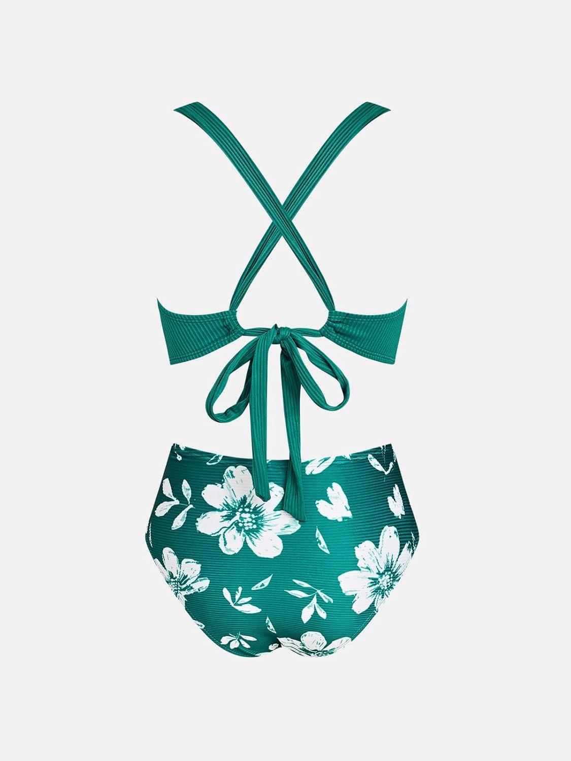 imageCUPSHE Womens Bikini Sets High Waisted Two Piece Swimsuit V Neck Front Wrap Adjustable Straps Ruched Bottom SwimwearDark GreenFloral