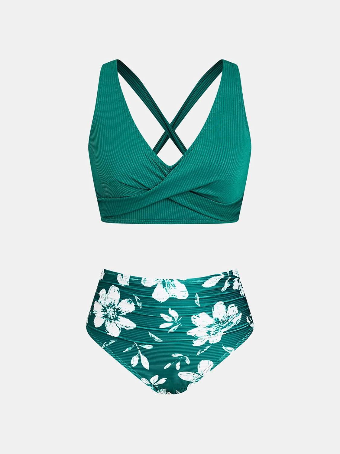 imageCUPSHE Womens Bikini Sets High Waisted Two Piece Swimsuit V Neck Front Wrap Adjustable Straps Ruched Bottom SwimwearDark GreenFloral