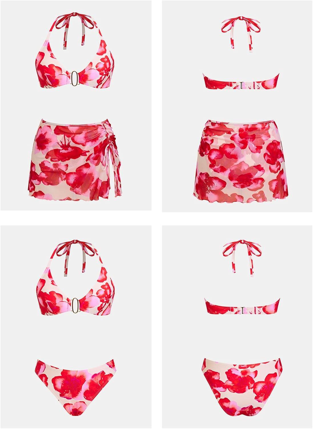 imageCUPSHE Womens Bikini Sets Three Piece Swimsuit V Neck Halter Triangle Top Hook Cheeky Mesh Sarong SkirtCherry RedFloral