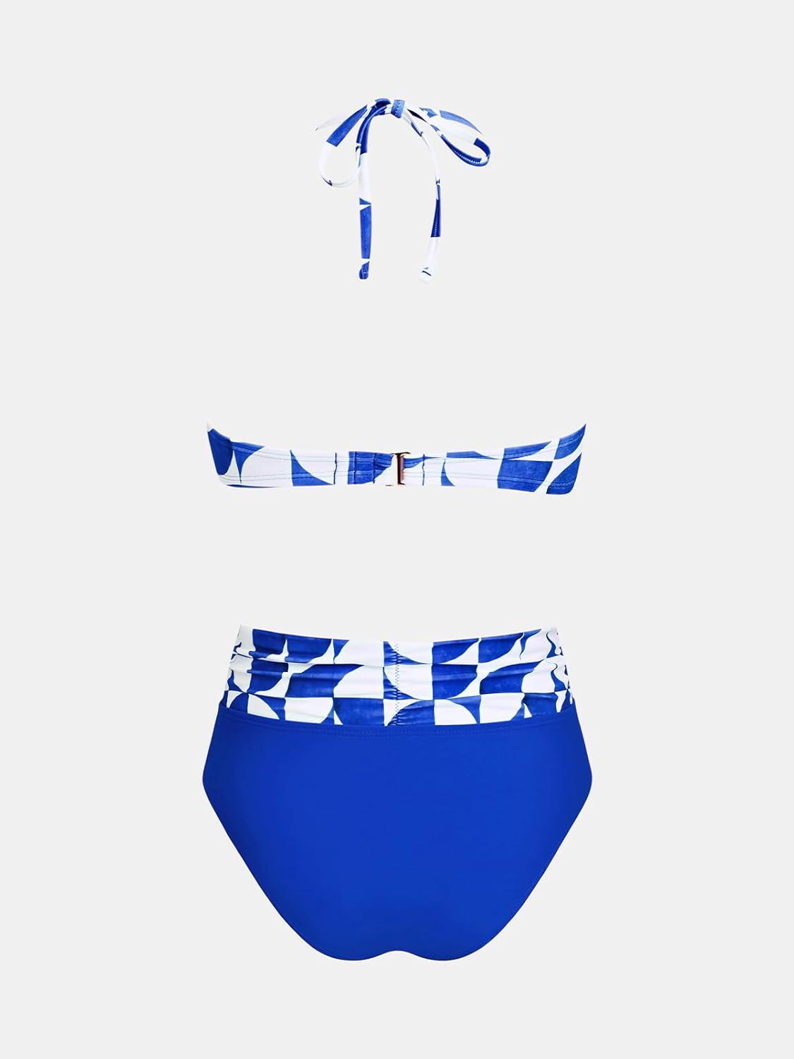 imageCUPSHE Womens Bikini Sets Two Piece Swimsuit High Waisted Bathing Suit Bandeau Top with Removable Halter StrapsCobalt BlueGeo