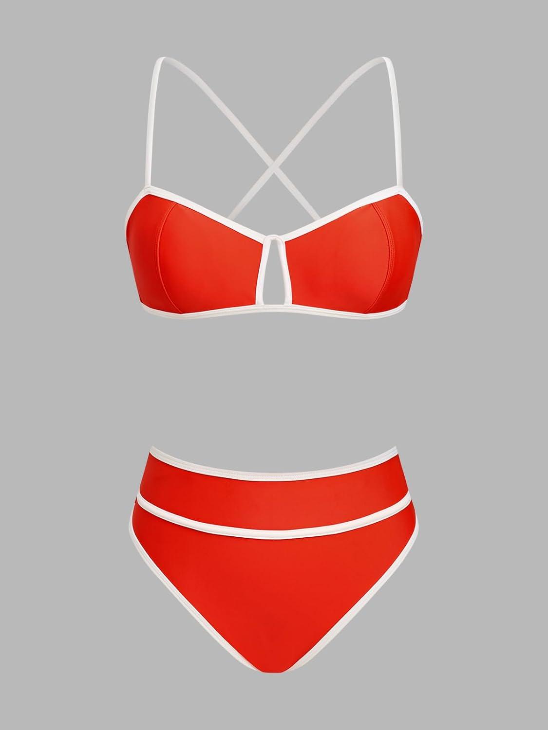 imageCUPSHE Womens Bikini Sets Two Piece Swimsuit High Waisted Bathing Suit Cutout Crossback Tie Color BlockOrange RedCream White