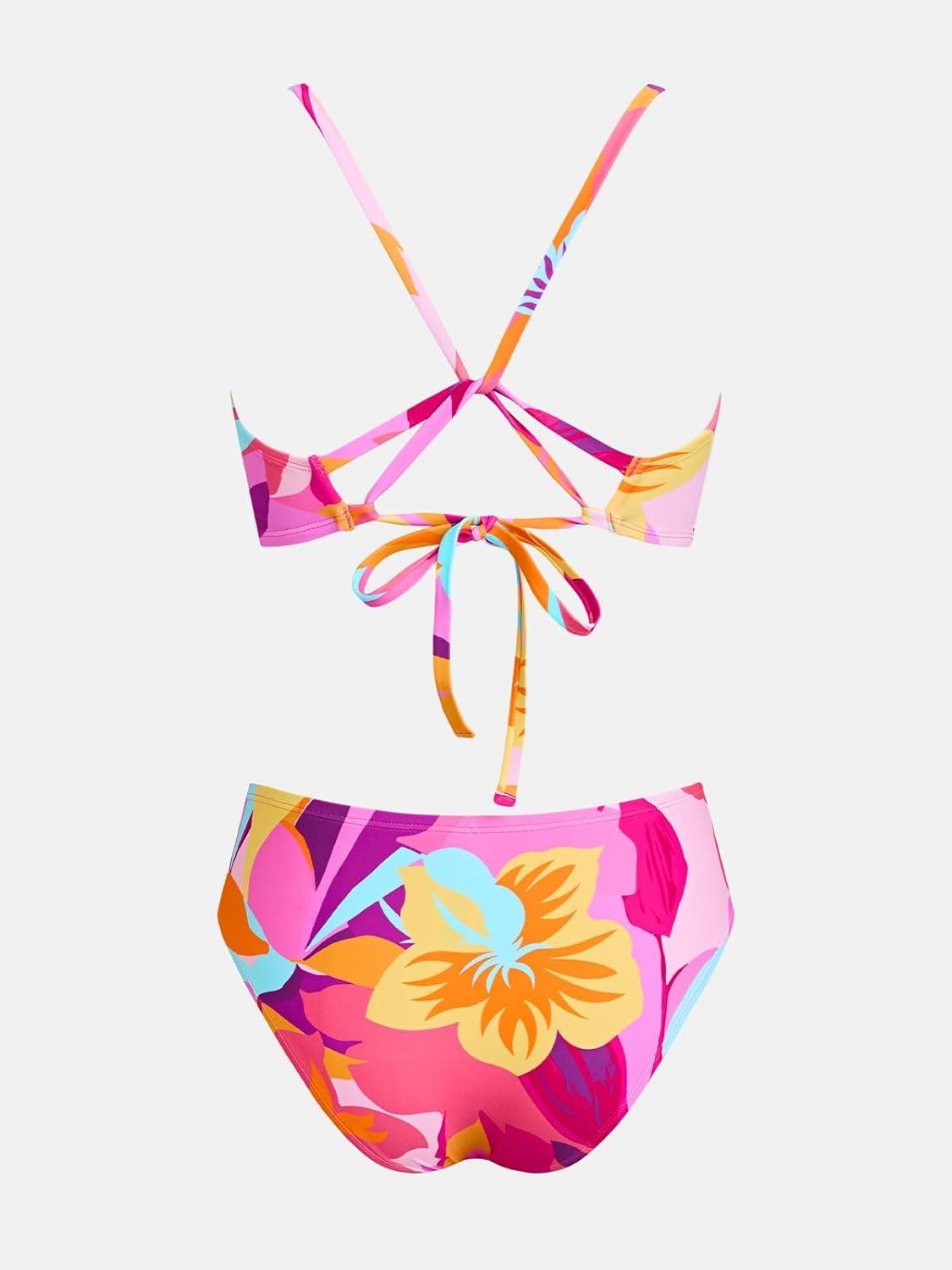 imageCUPSHE Womens Bikini Sets Two Piece Swimsuit High Waisted Bathing Suit Removable Bow Crossback Tie SwimwearPurpleRedFloral