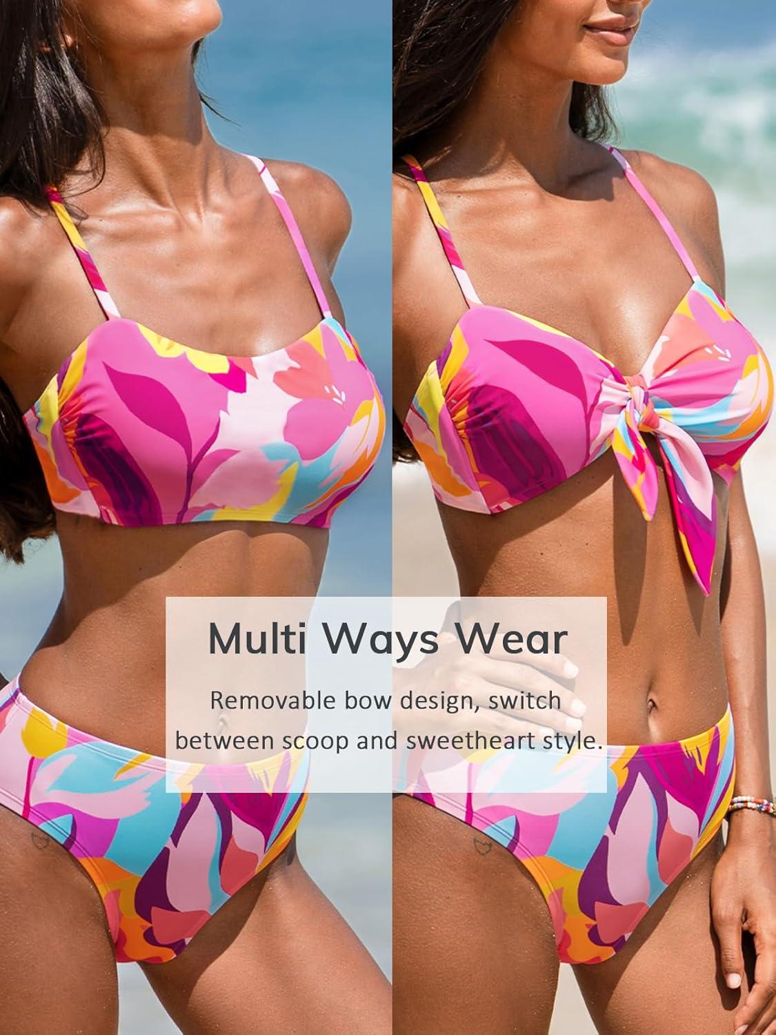 imageCUPSHE Womens Bikini Sets Two Piece Swimsuit High Waisted Bathing Suit Removable Bow Crossback Tie SwimwearPurpleRedFloral