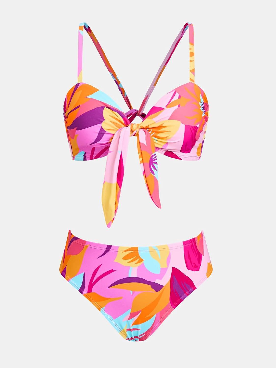 imageCUPSHE Womens Bikini Sets Two Piece Swimsuit High Waisted Bathing Suit Removable Bow Crossback Tie SwimwearPurpleRedFloral