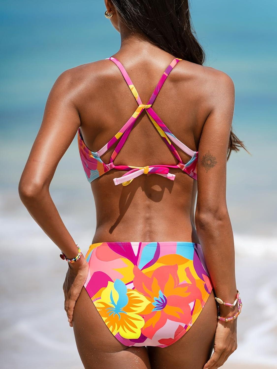 imageCUPSHE Womens Bikini Sets Two Piece Swimsuit High Waisted Bathing Suit Removable Bow Crossback Tie SwimwearPurpleRedFloral