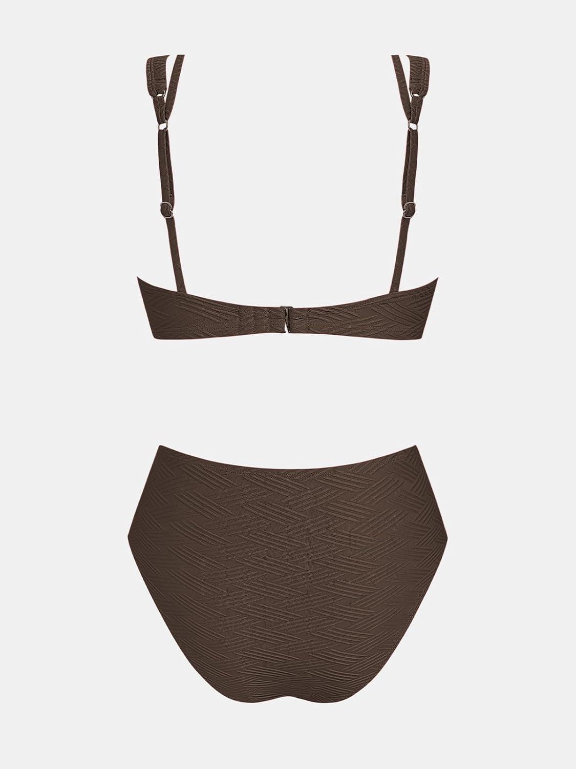 imageCUPSHE Womens Bikini Sets Two Piece Swimsuit High Waisted Bathing Suit Scoop Neck Drawstring TexturedChocolate Brown