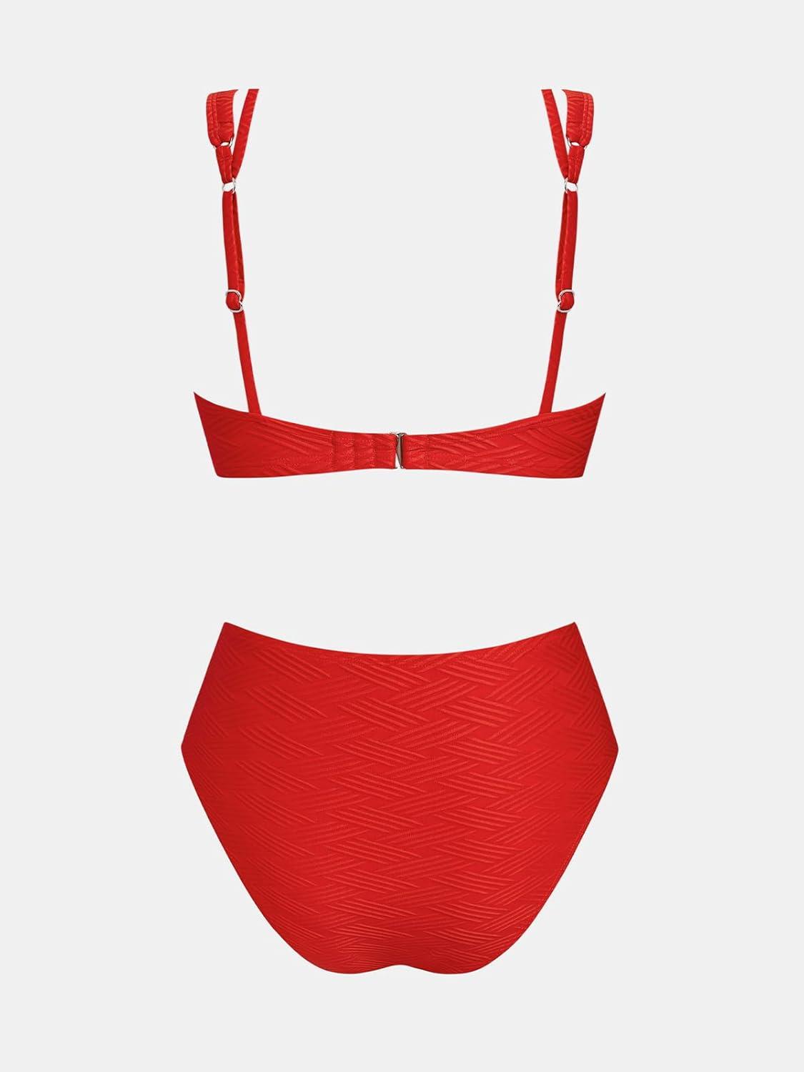 imageCUPSHE Womens Bikini Sets Two Piece Swimsuit High Waisted Bathing Suit Scoop Neck Drawstring TexturedTrue Red
