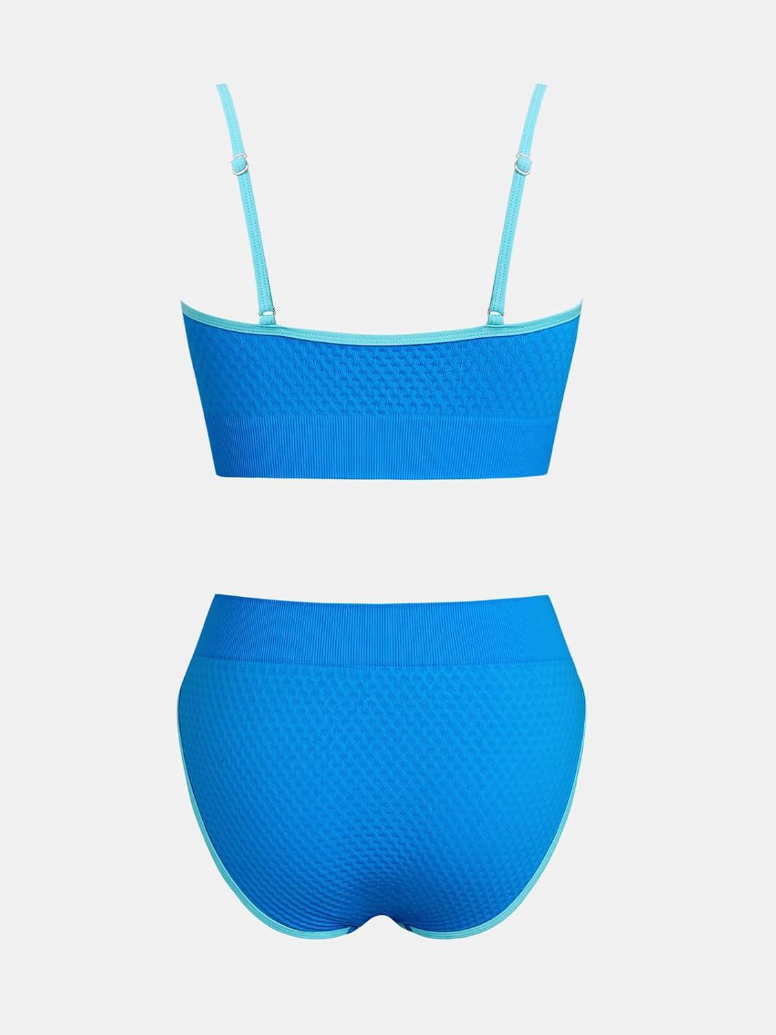 imageCUPSHE Womens Bikini Sets Two Piece Swimsuit Sporty Mid Rise Scoop Neck Adjustable Spaghetti Straps Textured MidkiniAzureLight Blue