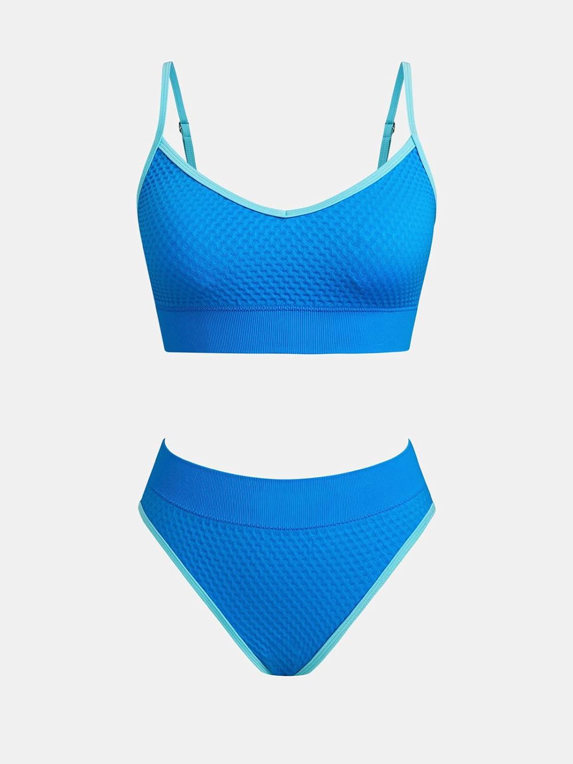 imageCUPSHE Womens Bikini Sets Two Piece Swimsuit Sporty Mid Rise Scoop Neck Adjustable Spaghetti Straps Textured MidkiniAzureLight Blue