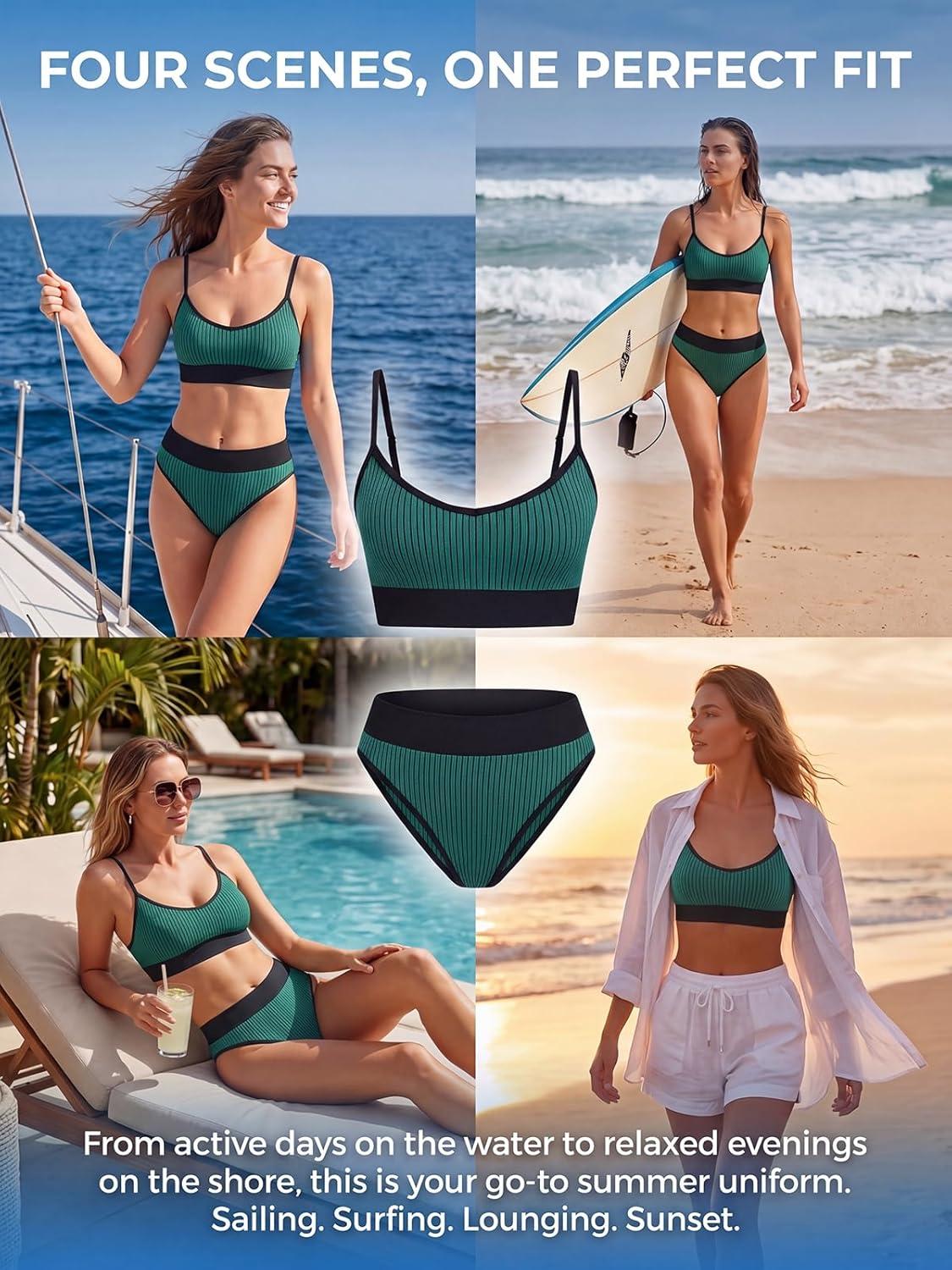 imageCUPSHE Womens Bikini Sets Two Piece Swimsuit Sporty Mid Rise Scoop Neck Adjustable Spaghetti Straps Textured MidkiniGreenBlack