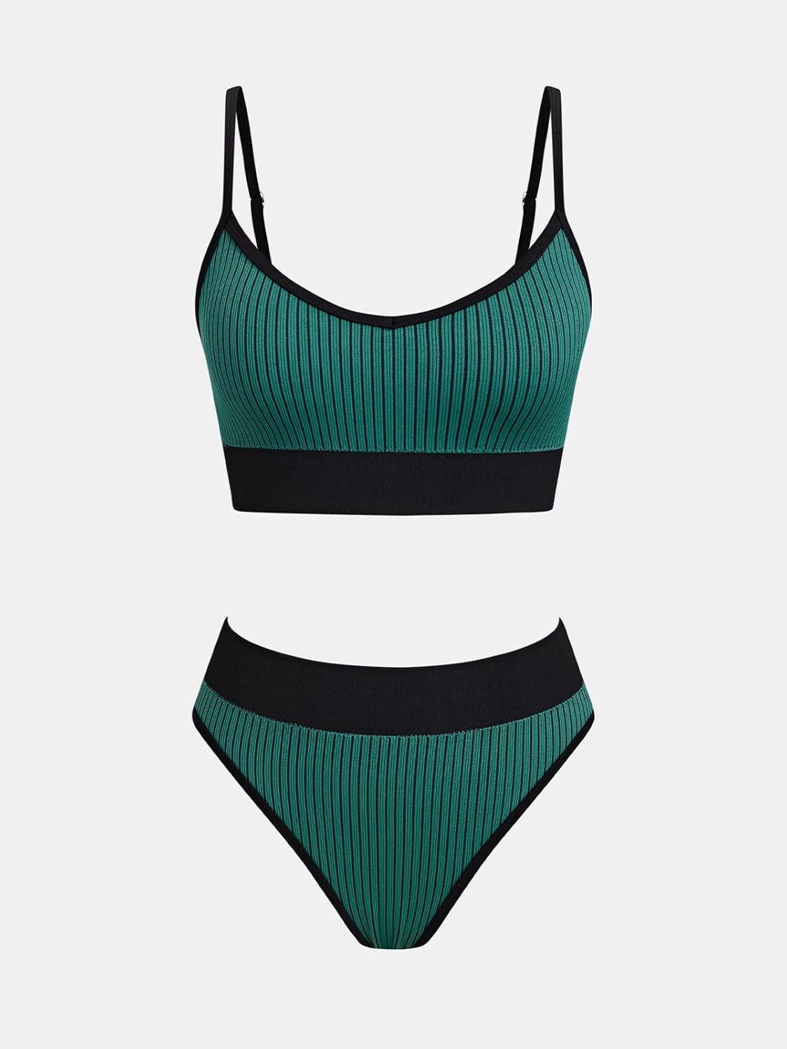 imageCUPSHE Womens Bikini Sets Two Piece Swimsuit Sporty Mid Rise Scoop Neck Adjustable Spaghetti Straps Textured MidkiniGreenBlack