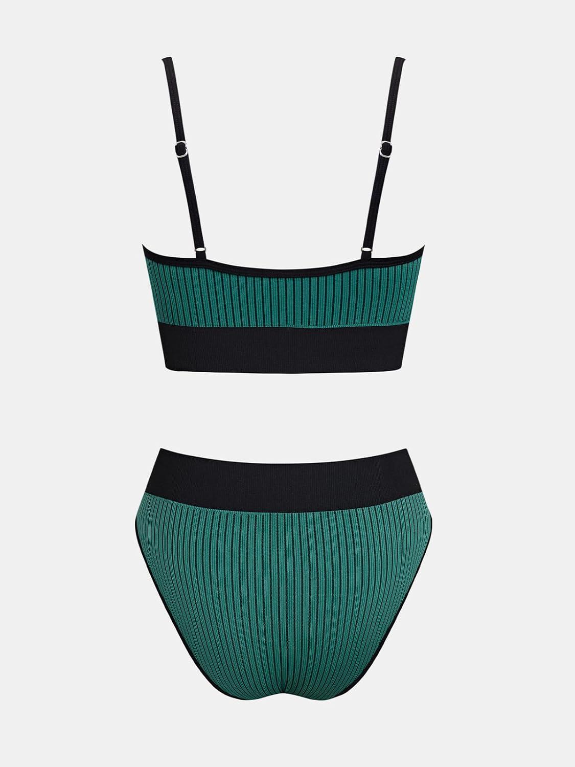 imageCUPSHE Womens Bikini Sets Two Piece Swimsuit Sporty Mid Rise Scoop Neck Adjustable Spaghetti Straps Textured MidkiniGreenBlack