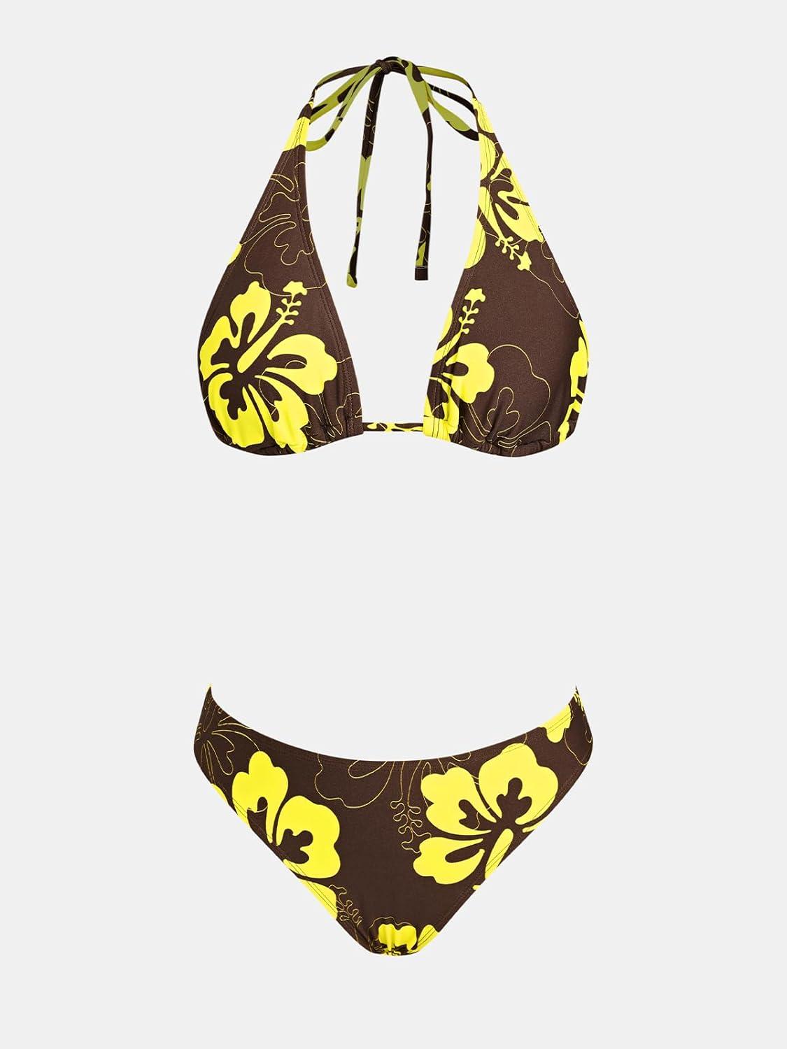 imageCUPSHE Womens Bikini Sets Two Piece Swimsuit V Neck Halter Back Self Tie Low Rise BottomBrownYellow Floral