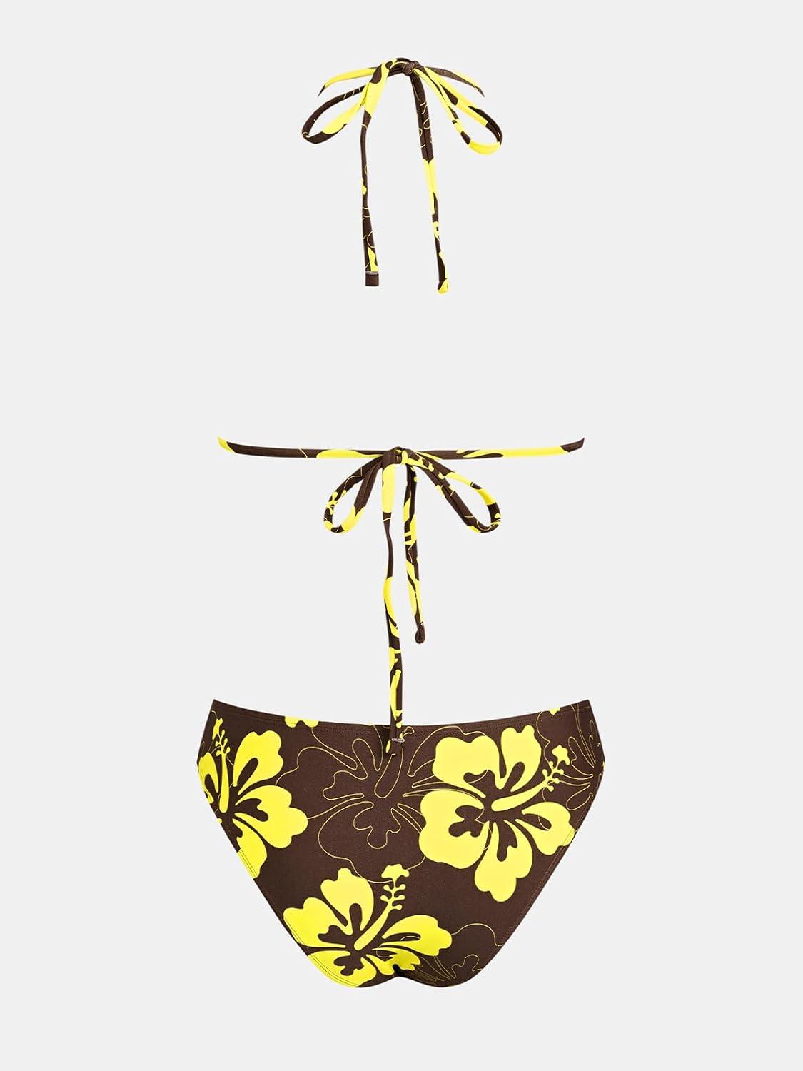 imageCUPSHE Womens Bikini Sets Two Piece Swimsuit V Neck Halter Back Self Tie Low Rise BottomBrownYellow Floral