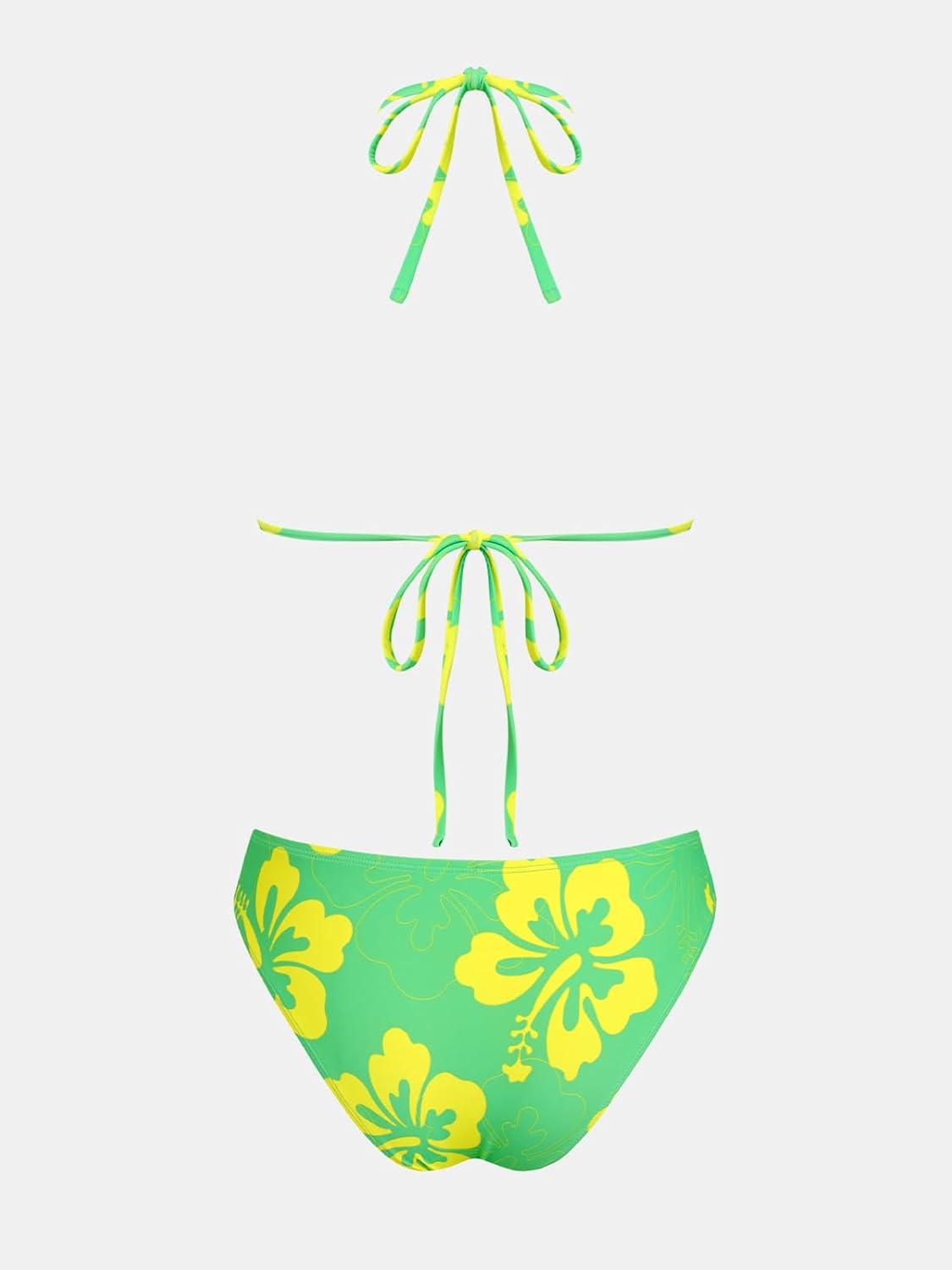 imageCUPSHE Womens Bikini Sets Two Piece Swimsuit V Neck Halter Back Self Tie Low Rise BottomGreenYellow Floral