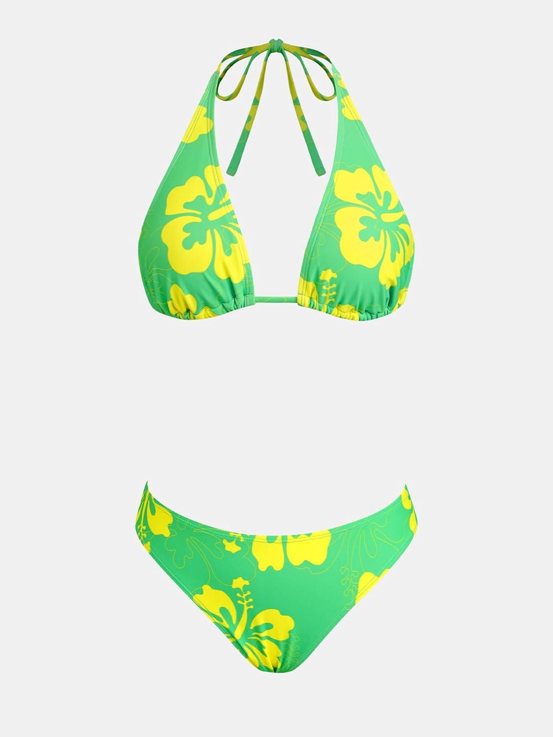 imageCUPSHE Womens Bikini Sets Two Piece Swimsuit V Neck Halter Back Self Tie Low Rise BottomGreenYellow Floral
