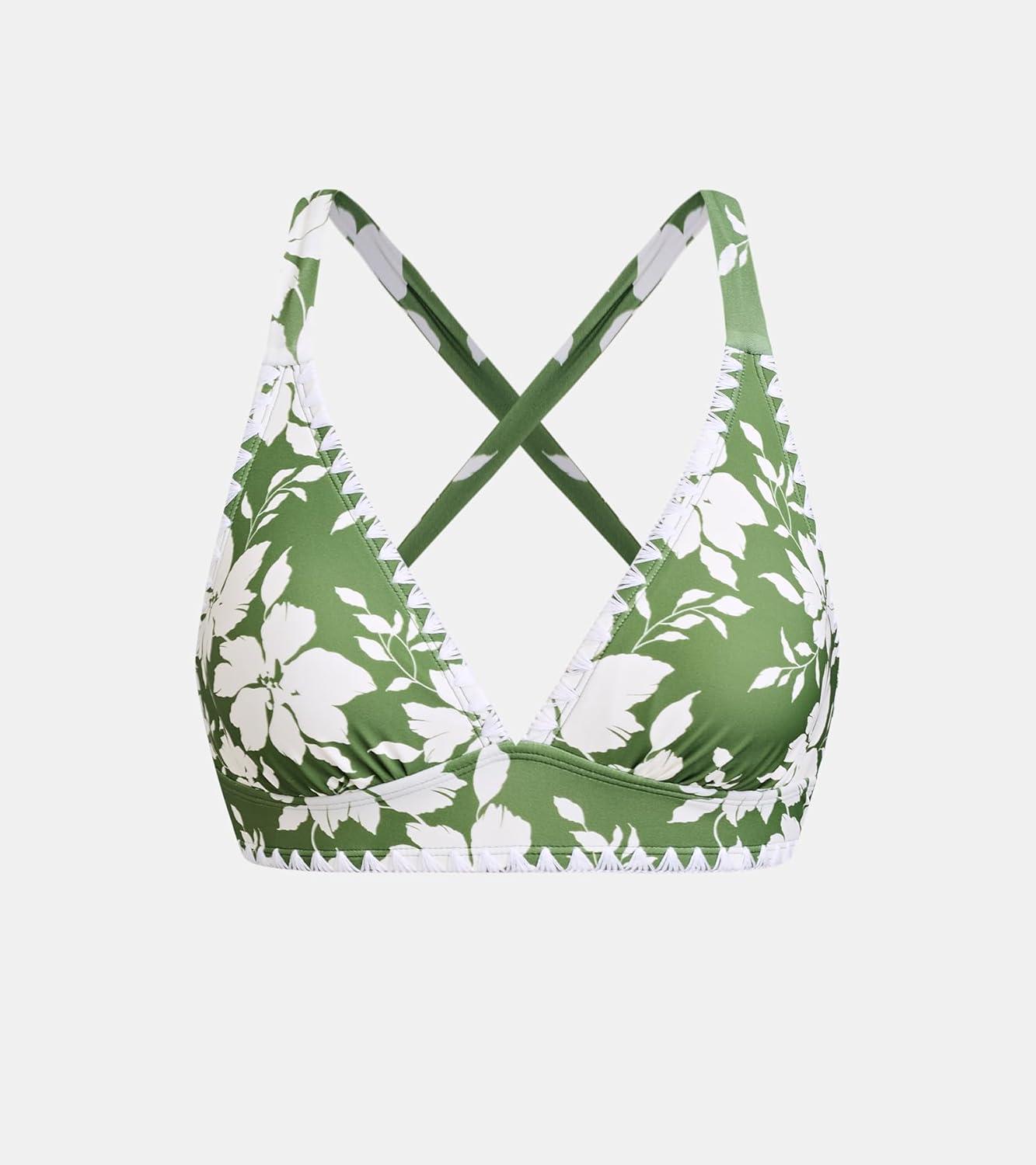 imageCUPSHE Womens Bikini Top Swimsuit Deep V Neck Top Crisscross Back Tie Shell Stitching Adjustable StrapsWhiteBlue Floral
