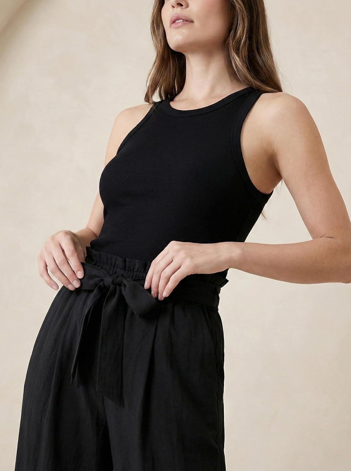 imageCUPSHE Womens High Waist Wide Leg Pants with Pockets Ruffle Loose Fit Casual BeachBlack